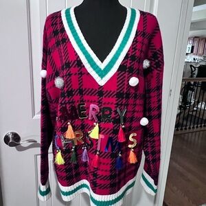 Festive Plaid V-Neck Sweater with Pom Poms